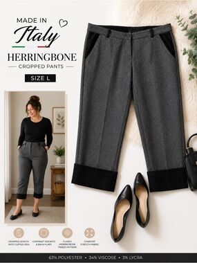 Made in Italy Gray Herringbone Tweed Cropped Pants Size L Stretch Cuffed Capri